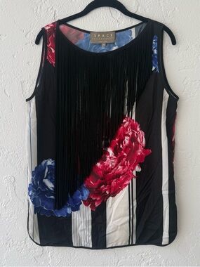 Space Style Concept Black Tank with Red & Blue Floral and Fringe